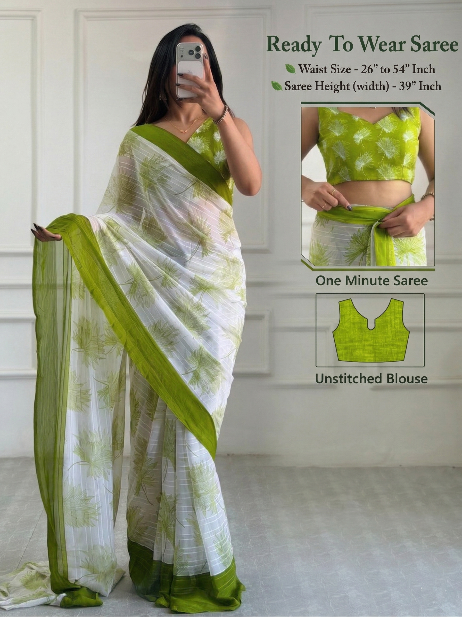 1-Mintue Ready To Wear Chiffon Printed Saree