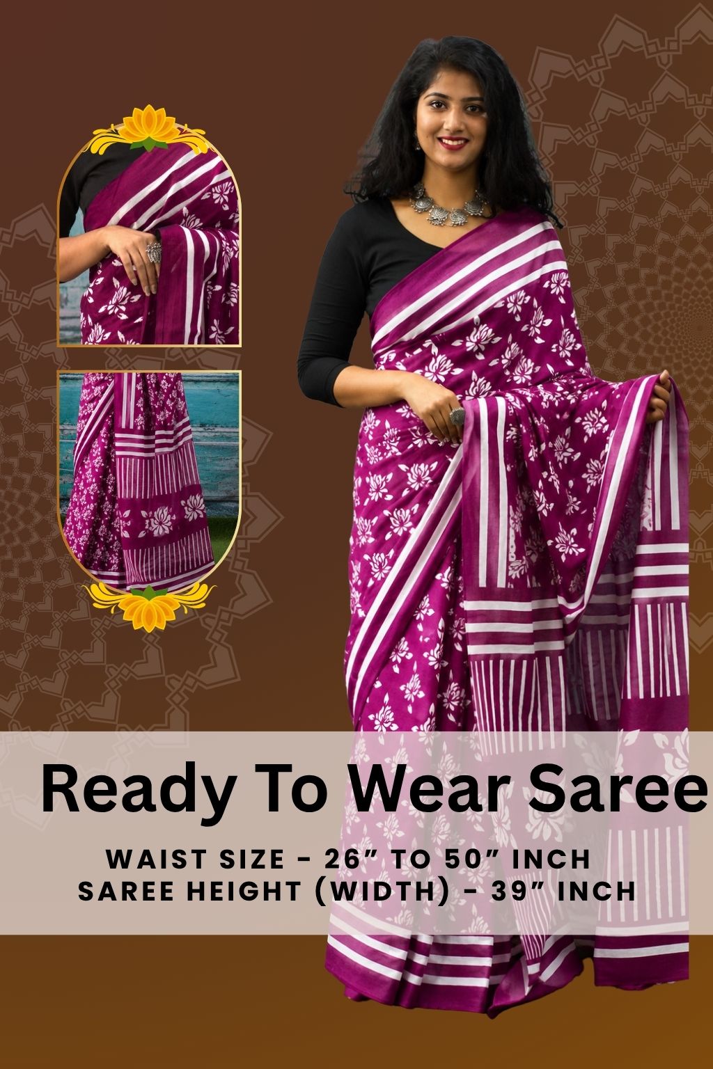 Jaipuri Mul Cotton Ready to Wear Saree for Women | Batik Floral Printed Pre-Draped Pre-Pleated Cotton Saree | Adjustable Waist 26–50 Inch