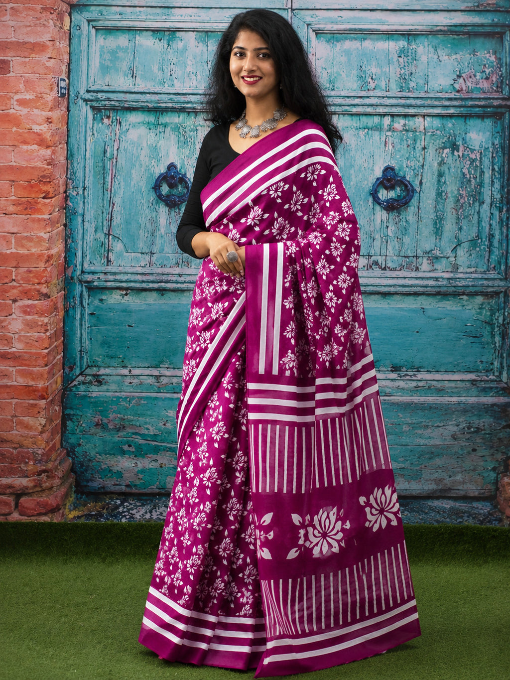 Jaipuri Mul Cotton Ready to Wear Saree for Women | Batik Floral Printed Pre-Draped Pre-Pleated Cotton Saree | Adjustable Waist 26–50 Inch