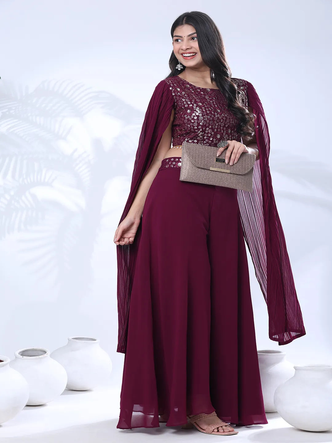 Georgette Floral Embroidered Sequined Crop Top with Palazzo