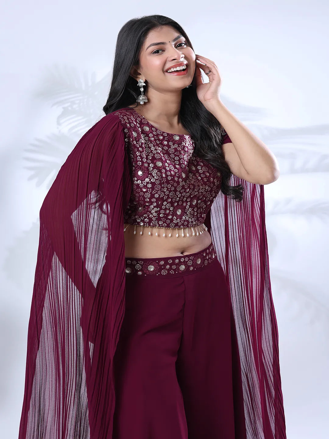 Georgette Floral Embroidered Sequined Crop Top with Palazzo