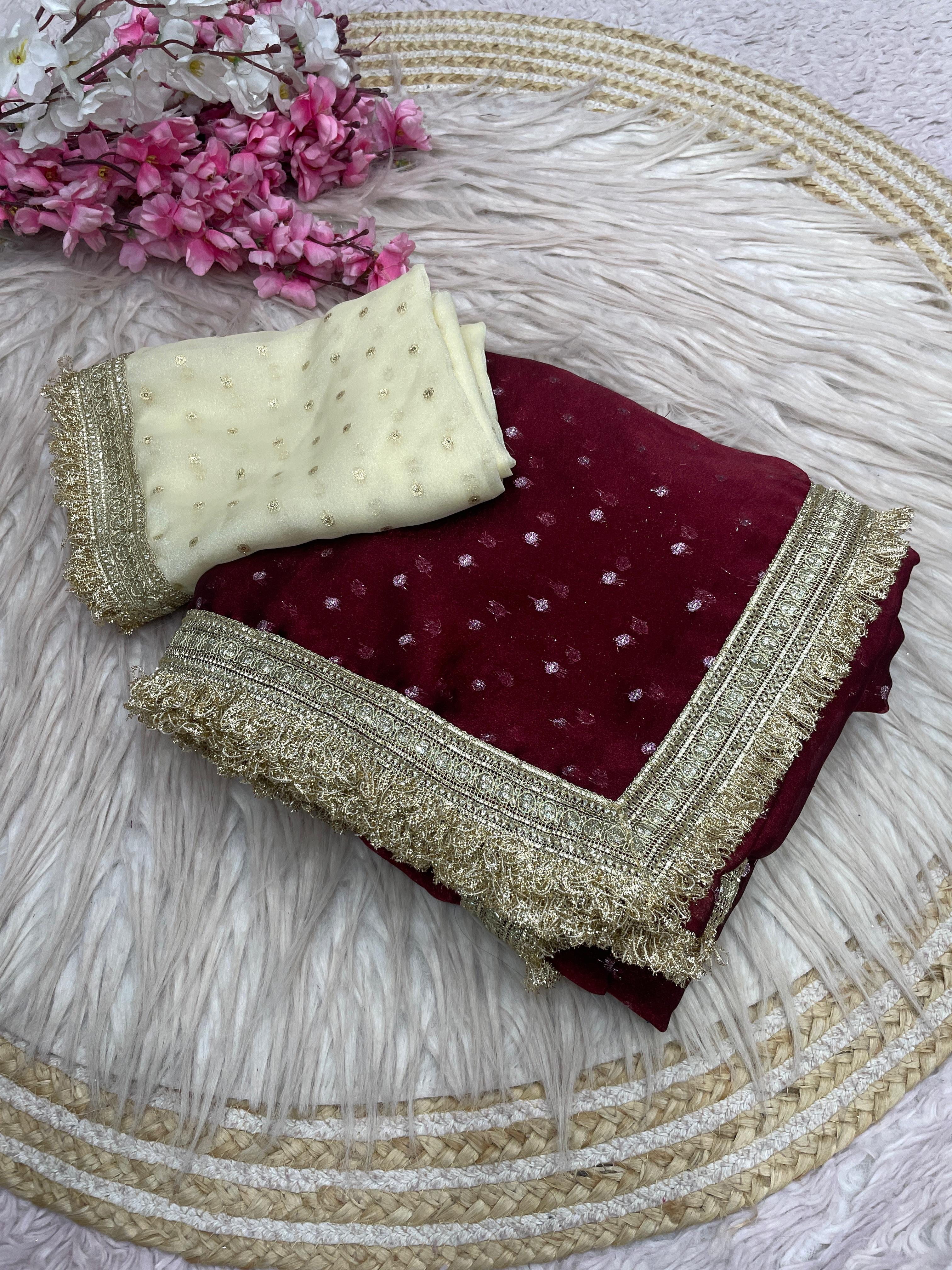 Moss Silk Jacquard Butti Saree with Fancy Lace Border