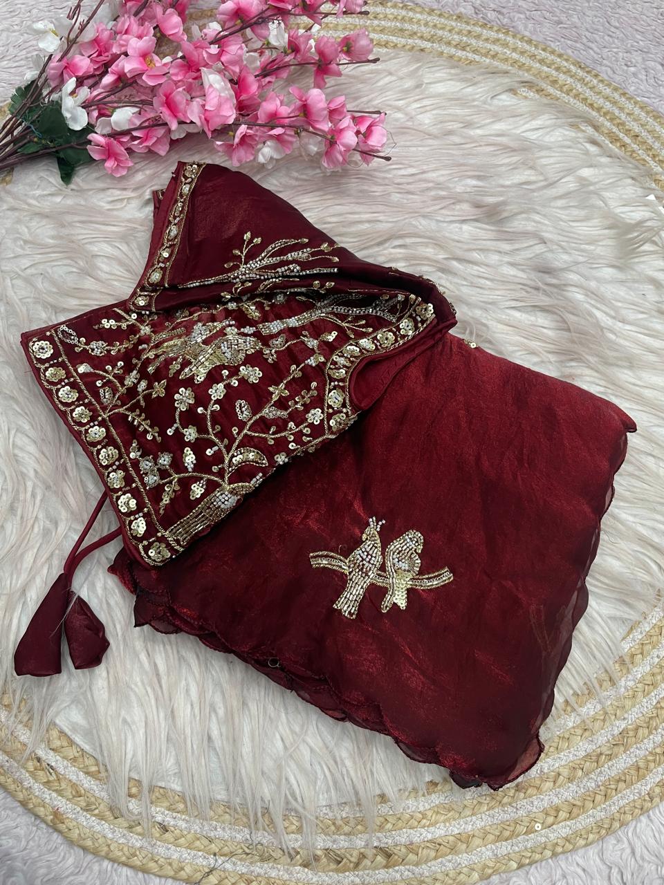 Satin Saree with Heavy Beaded Work Stitched Blouse