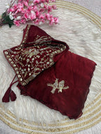 Satin Saree with Heavy Beaded Work Stitched Blouse