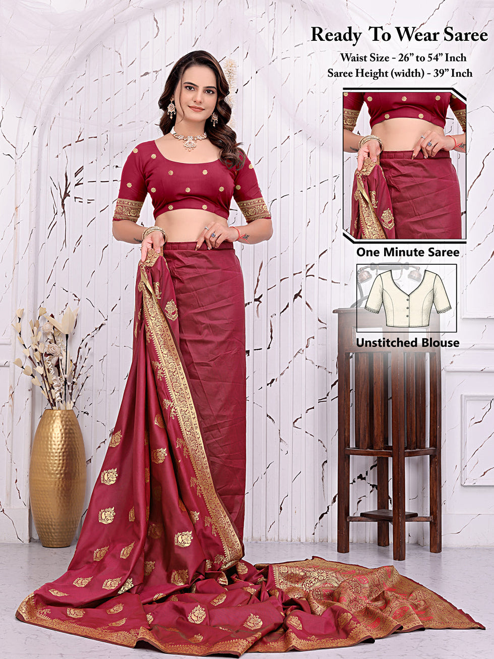 Ready To Wear Banarasi Silk Saree with Zari Woven Border