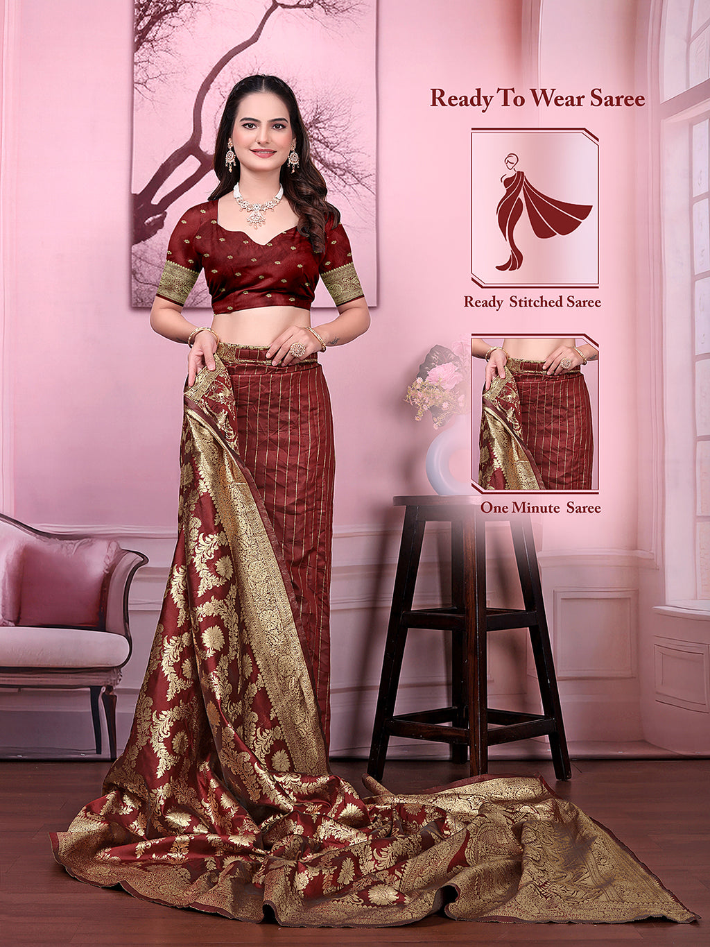 Ready to Wear Banarasi Jacquard with woven zari saree - Pionex Fab