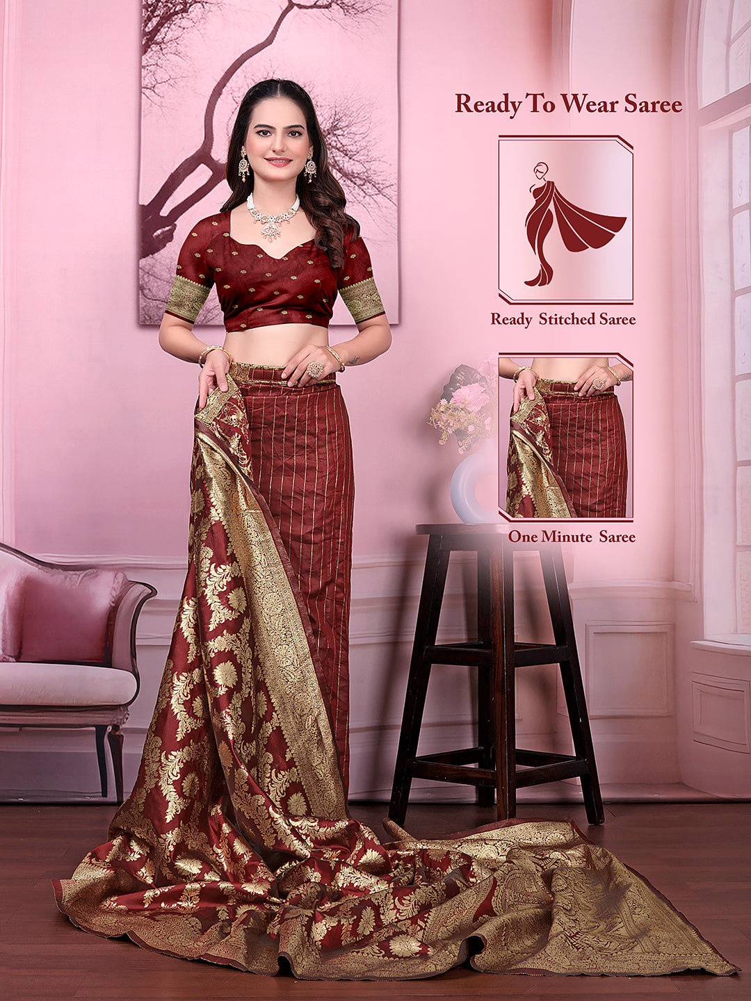 Ready to Wear Banarasi Jacquard Floral Print Party Saree with Unstitched Blouse