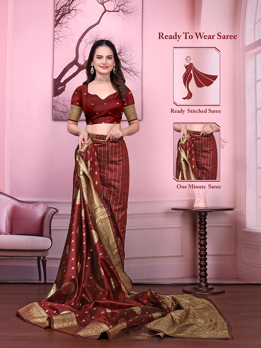 Floral Print Ready to Wear Banarasi Jacquard Party Saree with Unstitched Blouse