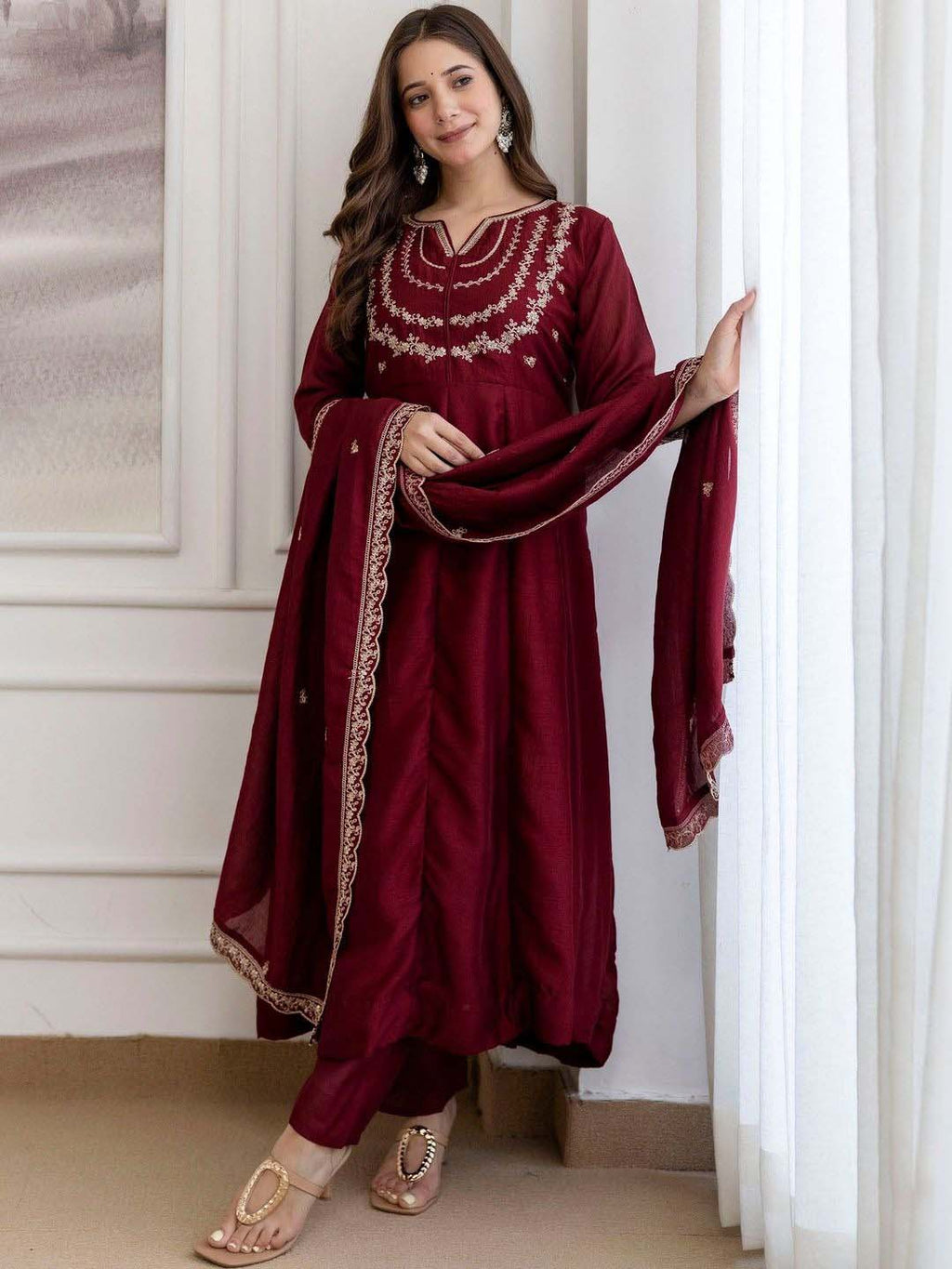 Embroidery Vichitra Silk Anarkali Kurta Pant Set With Dupatta