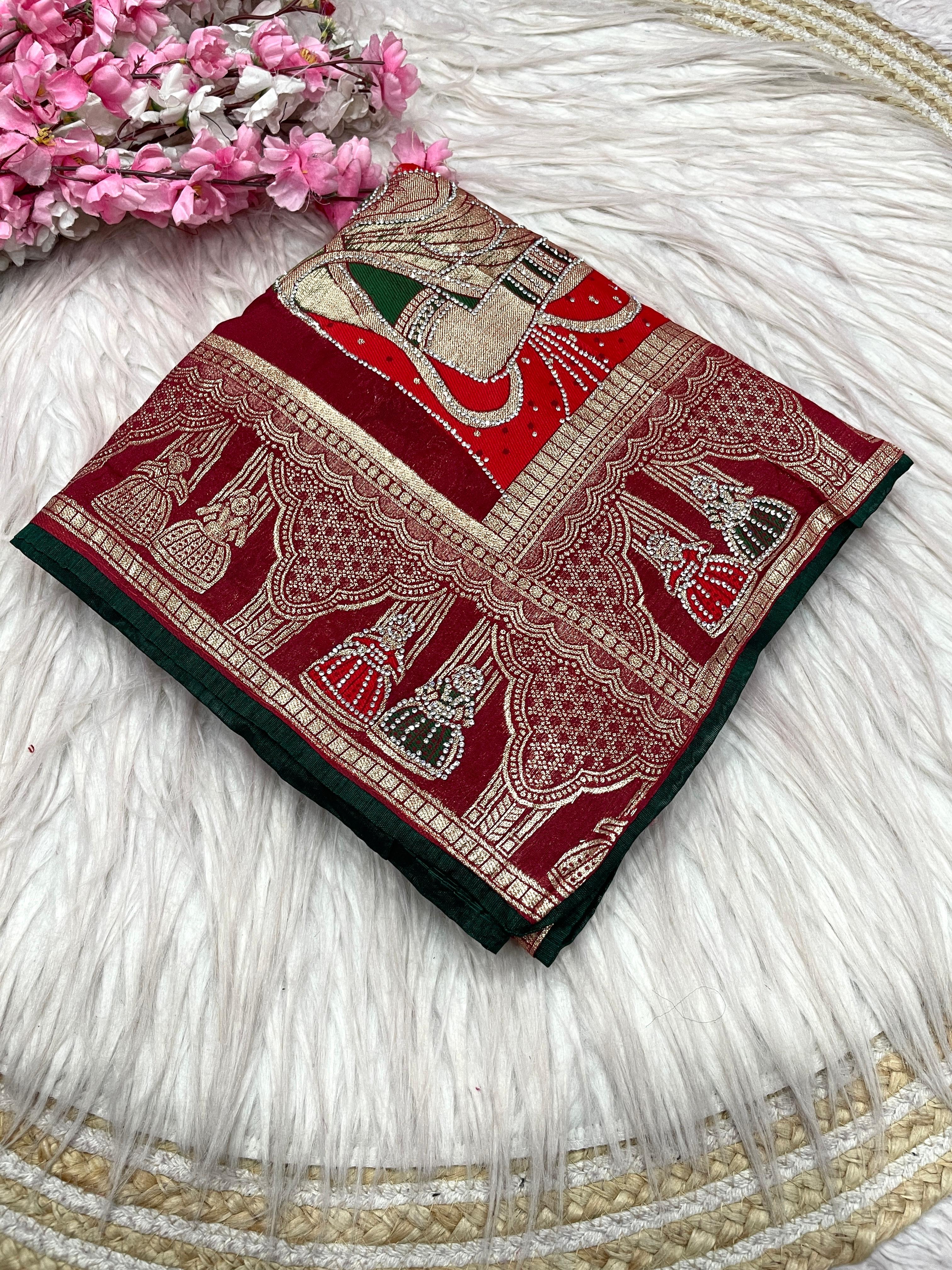 Dola silk Hand Deying Mena with Zarkhan Work Saree