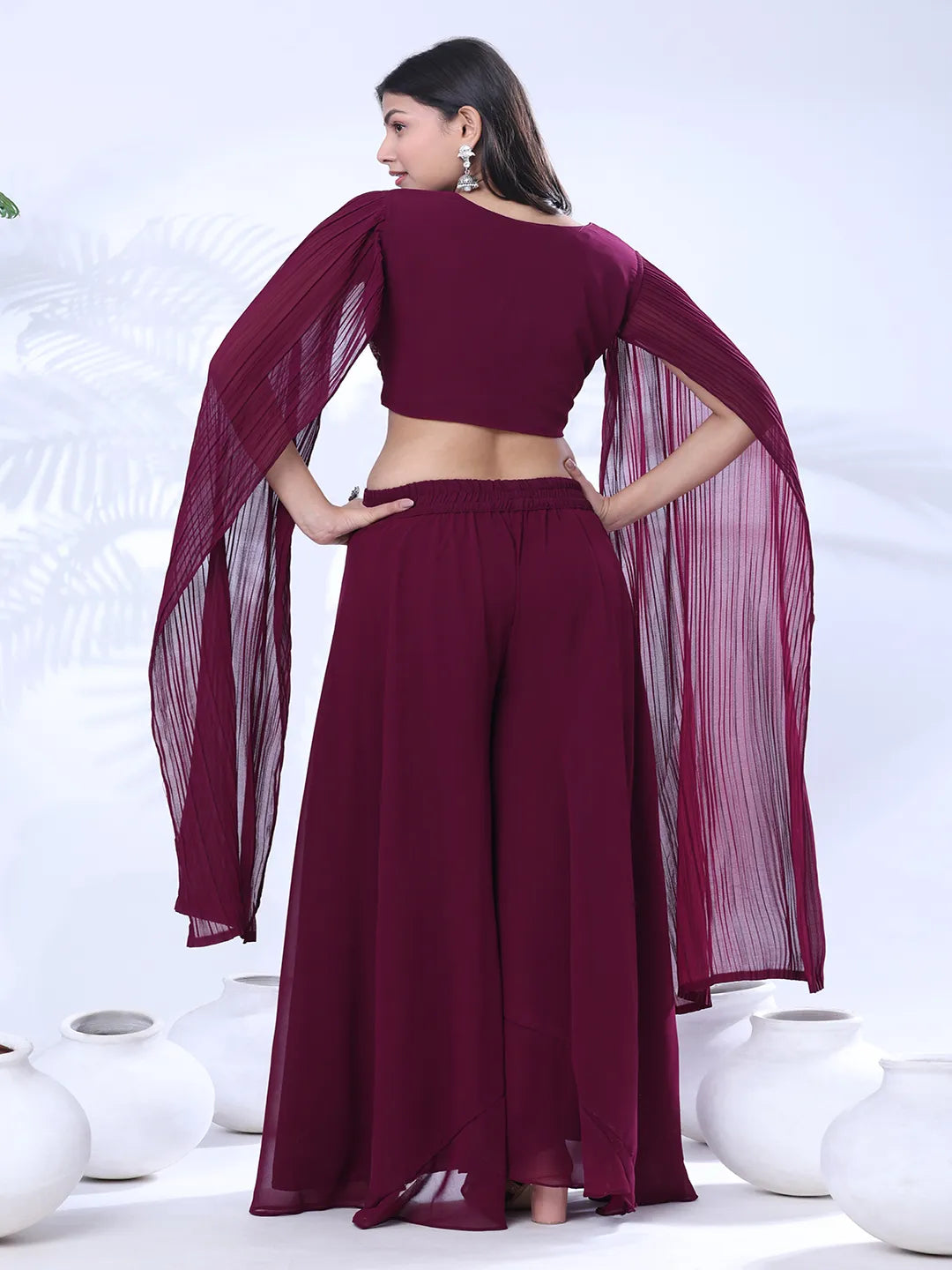 Georgette Floral Embroidered Sequined Crop Top with Palazzo