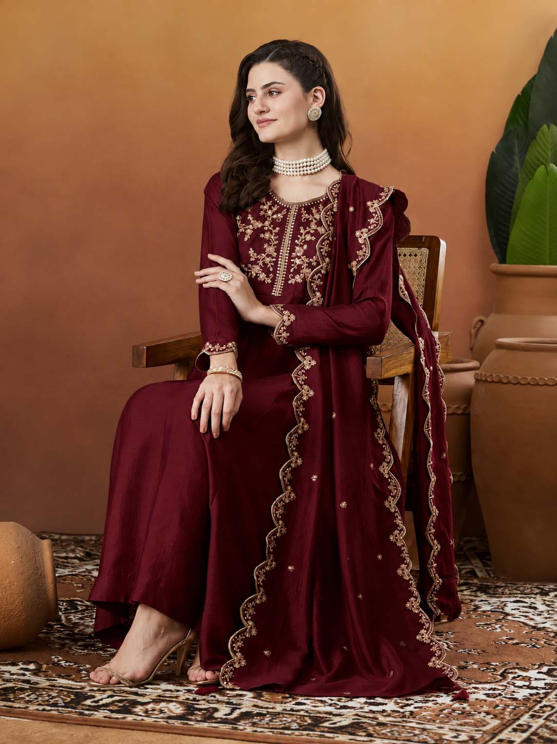 Silk Embroidered Anarkali Kurta, Pant & Dupatta Set