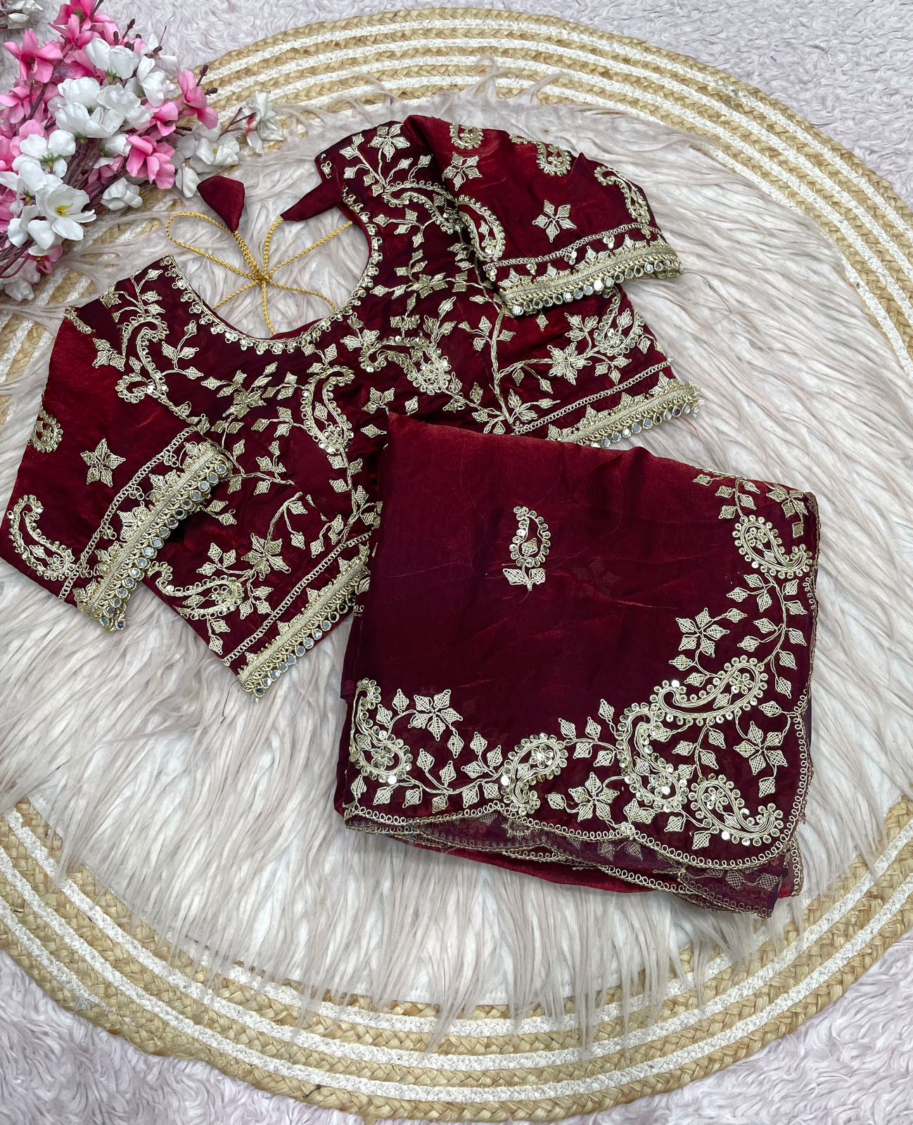 Fendy Satin Embroidered Saree With Butti Work and Stitched Blouse