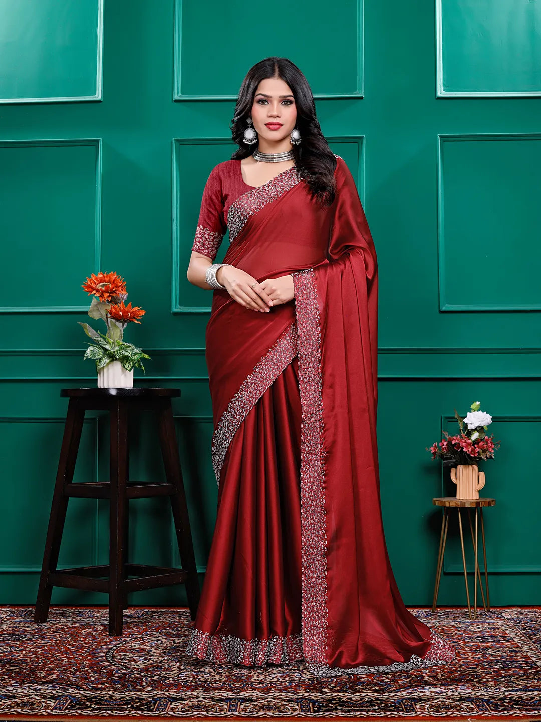Silk  Siroski  Diamond Lace Work Saree