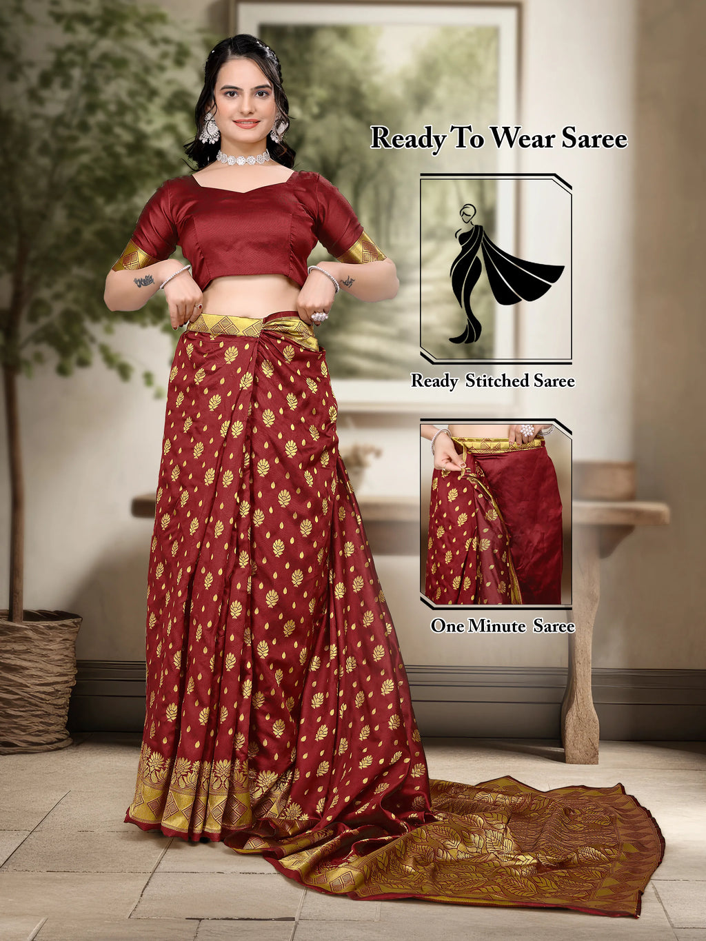 Ready to Wear Woven Banarasi Jacquard Pure Silk Saree