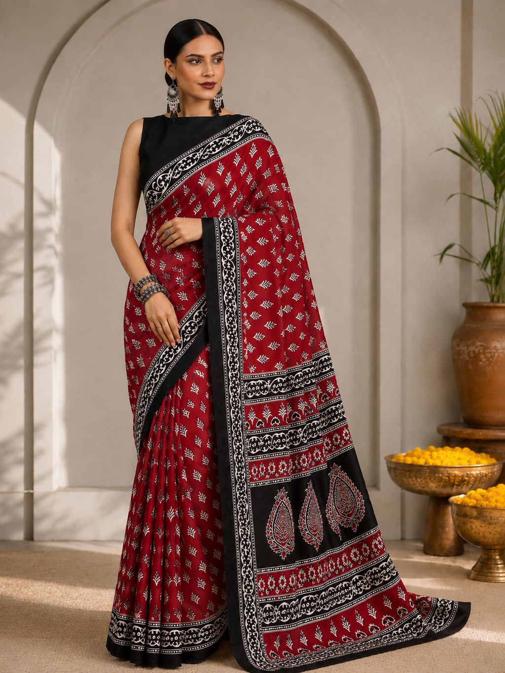 Block Printed Mulmul Saree with Leaf Motifs and Contrast Border