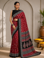 Block Printed Mulmul Saree with Leaf Motifs and Contrast Border