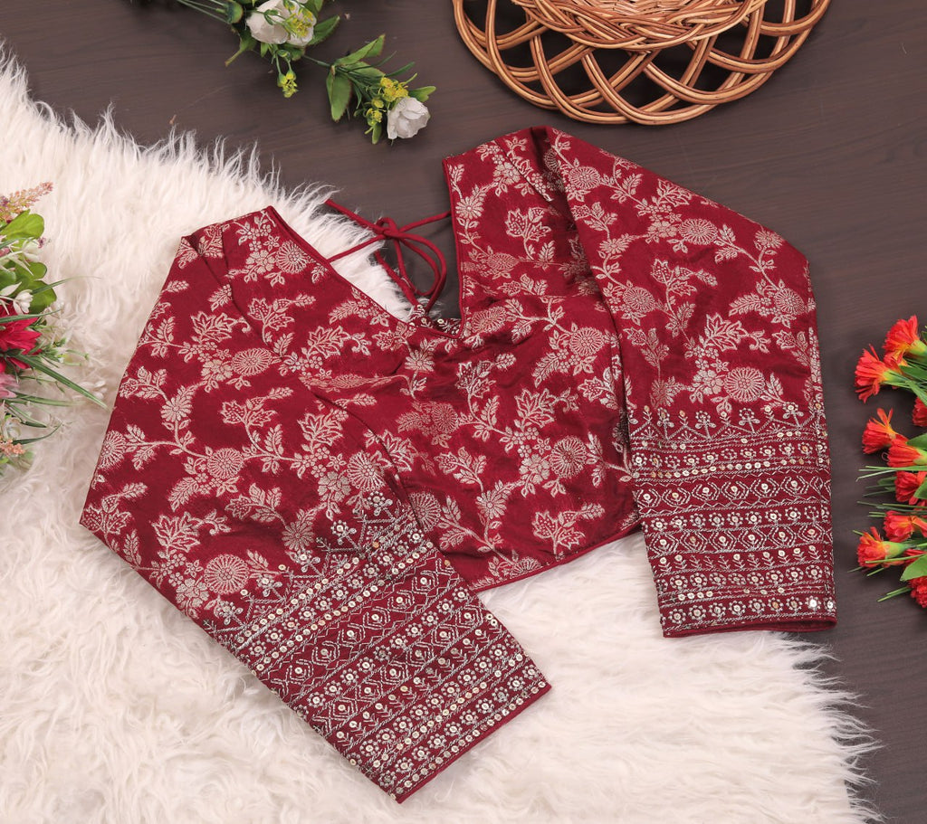 Pure Dola Silk Jacquard Embroidered Blouse