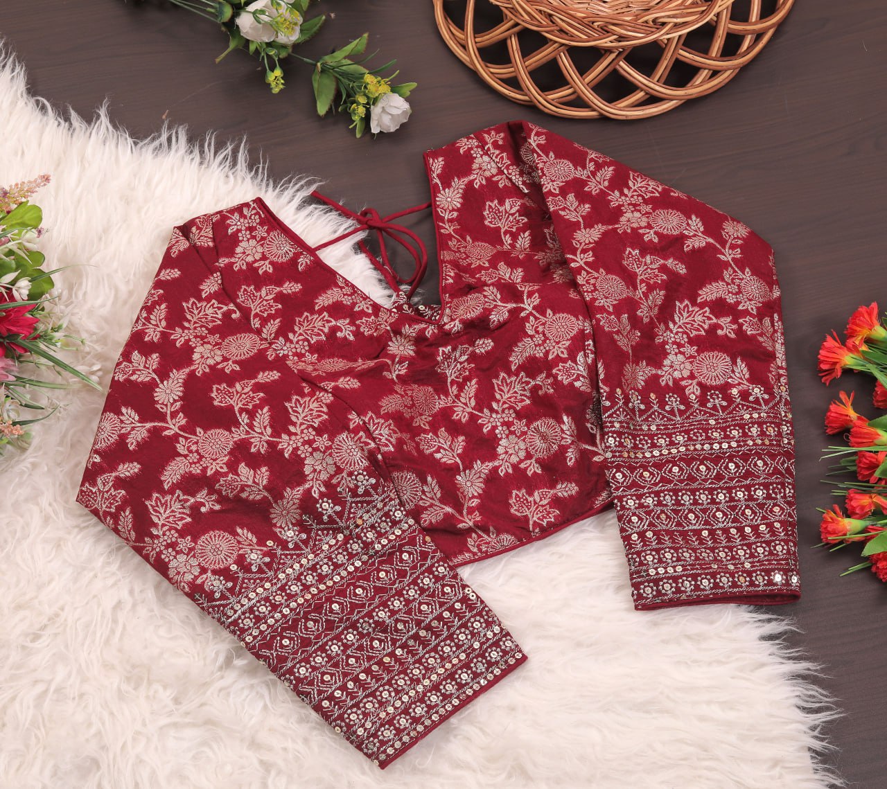 Pure Dola Silk Jacquard Embroidered Blouse