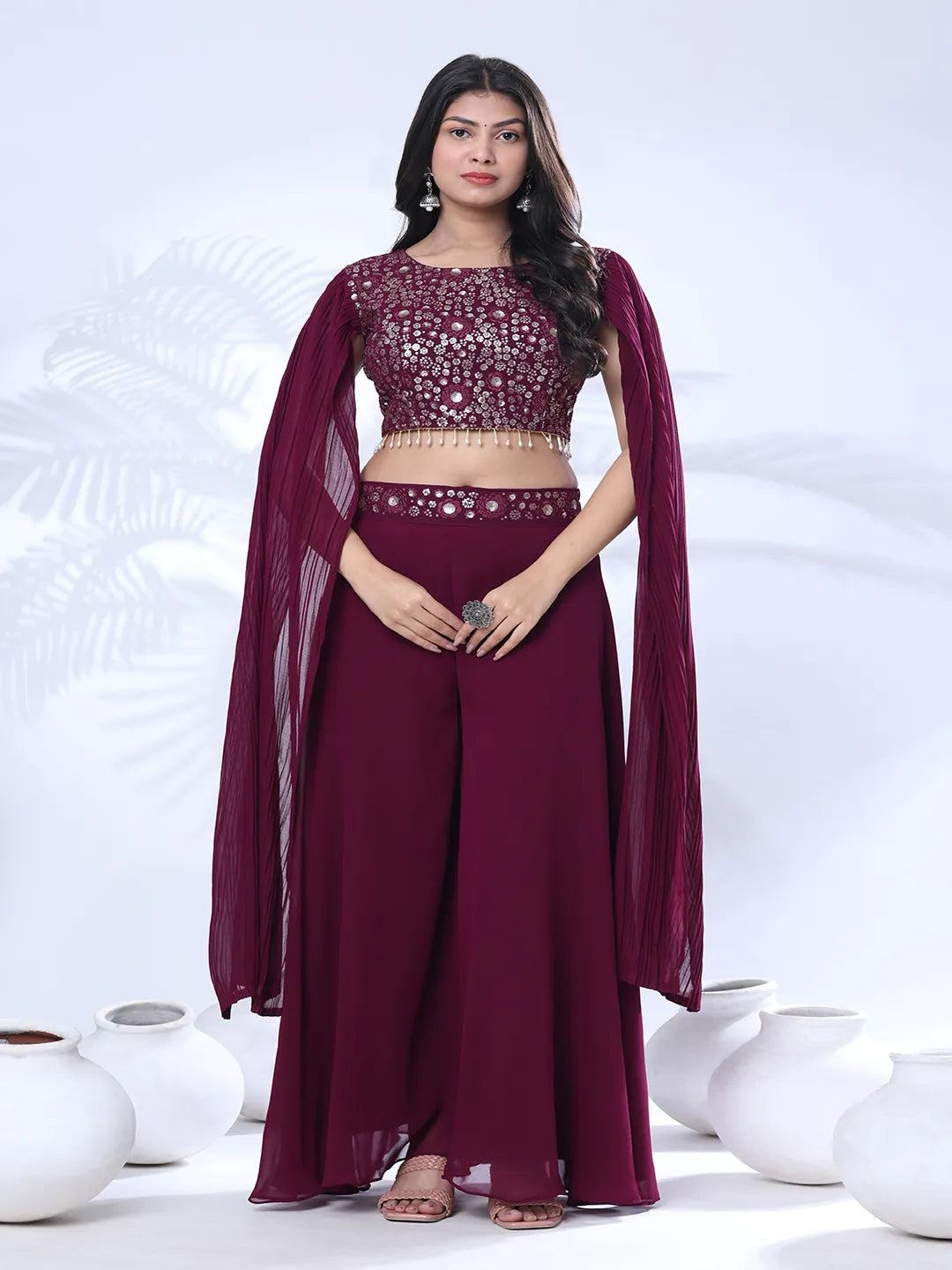 Georgette Floral Embroidered Sequined Crop Top with Palazzo