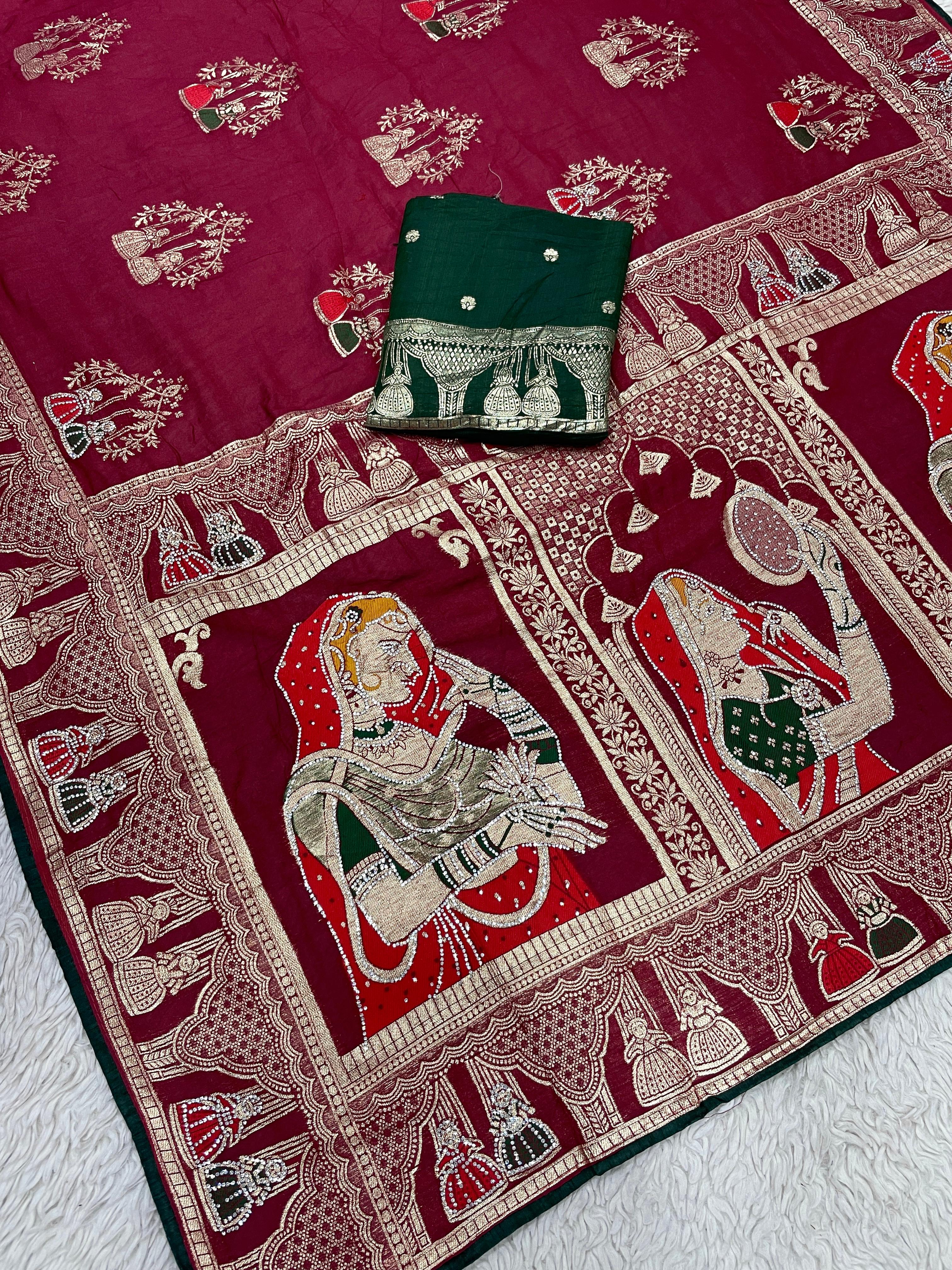 Dola silk Hand Deying Mena with Zarkhan Work Saree