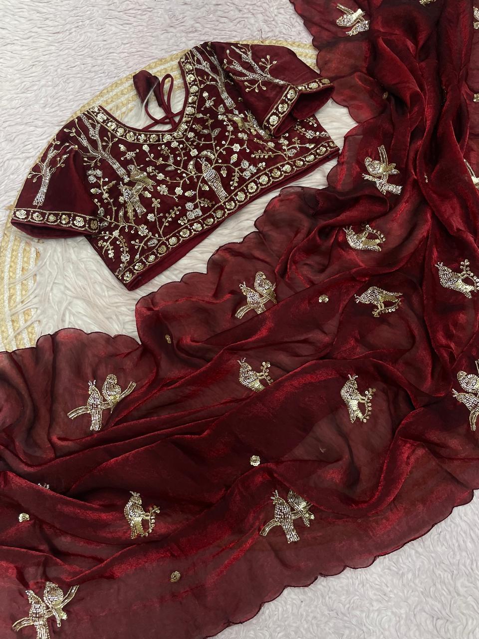 Satin Saree with Heavy Beaded Work Stitched Blouse