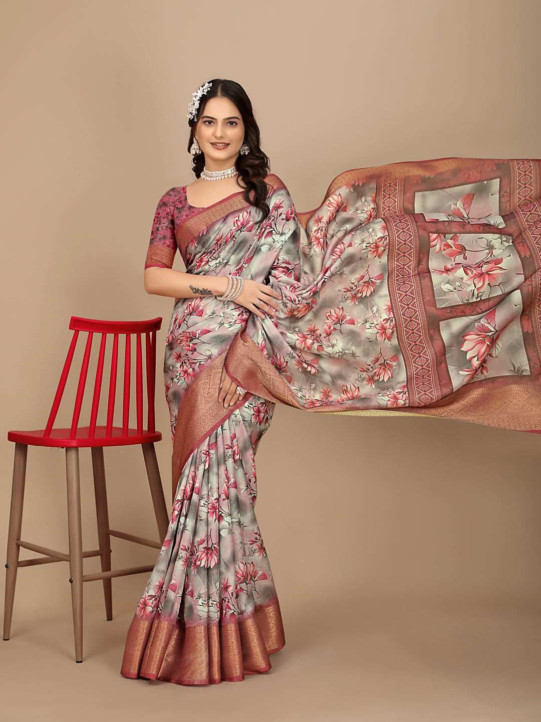 Moss Chiffon Digital Print With Jacquard Border Saree