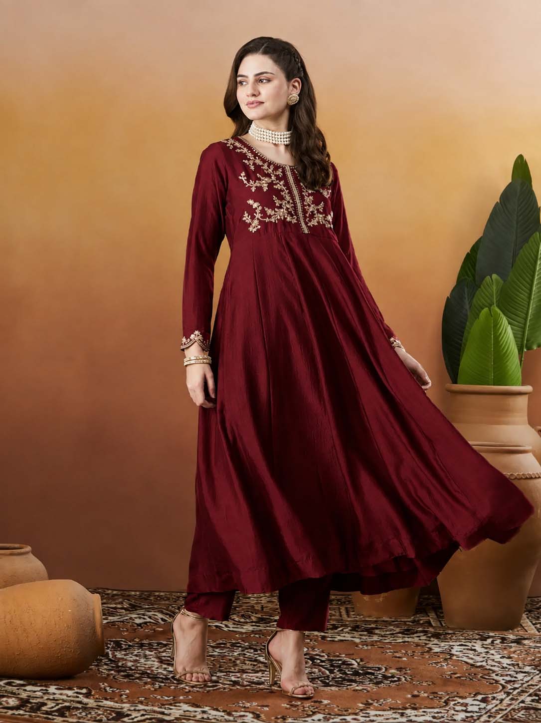 Silk Embroidered Anarkali Kurta, Pant & Dupatta Set