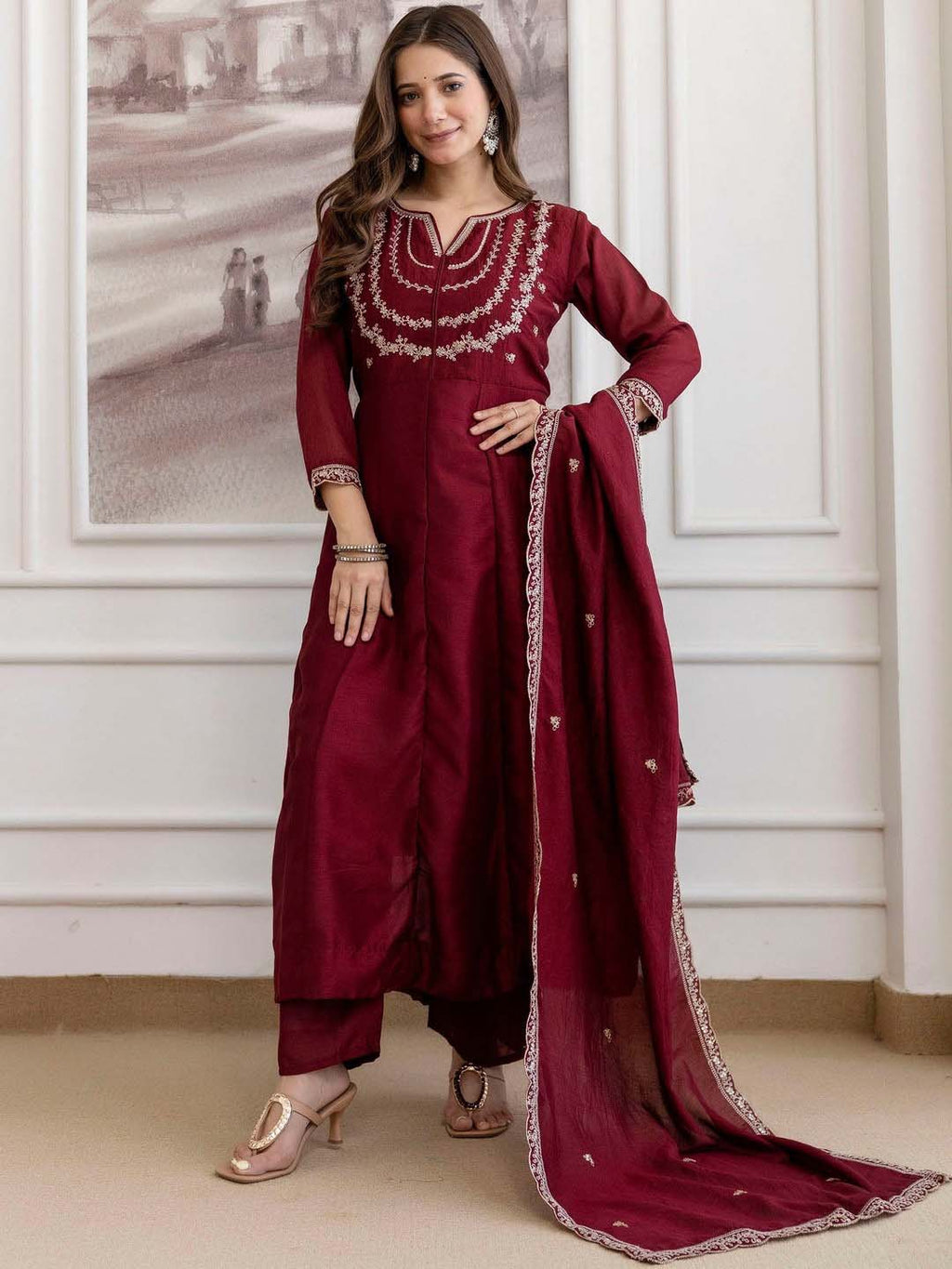 Embroidery Vichitra Silk Anarkali Kurta Pant Set With Dupatta