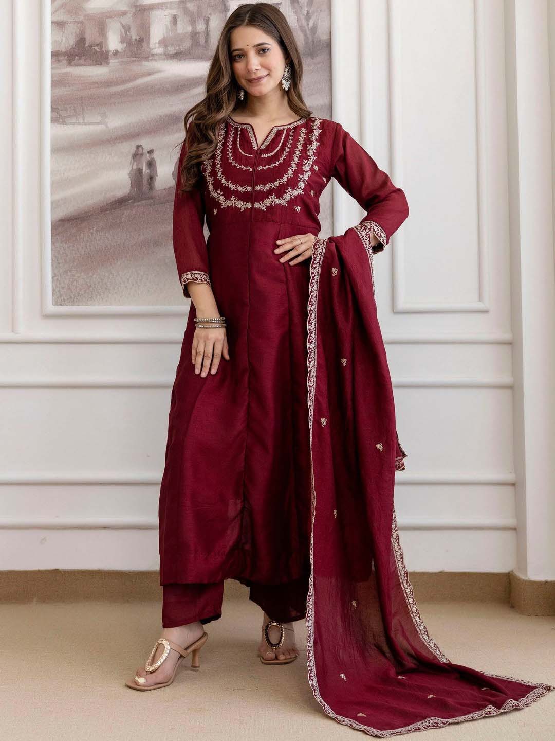 Embroidery Vichitra Silk Anarkali Kurta Pant Set With Dupatta