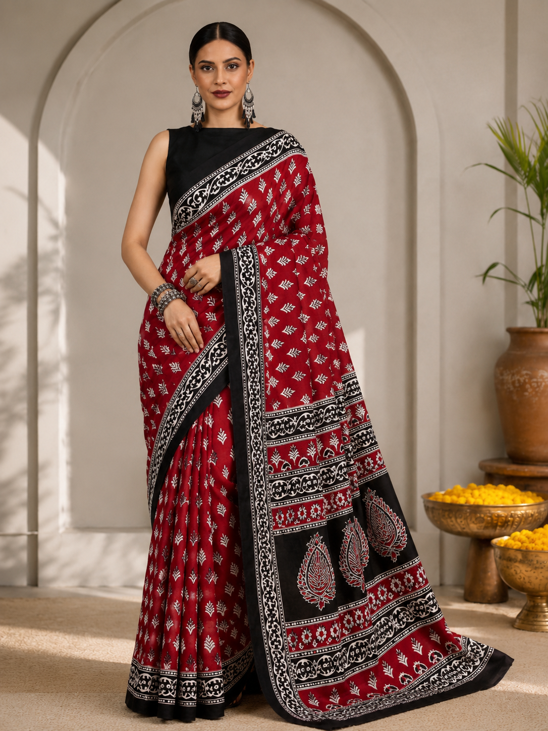 Block Printed Mulmul Saree with Leaf Motifs and Contrast Border - Pionex Fab