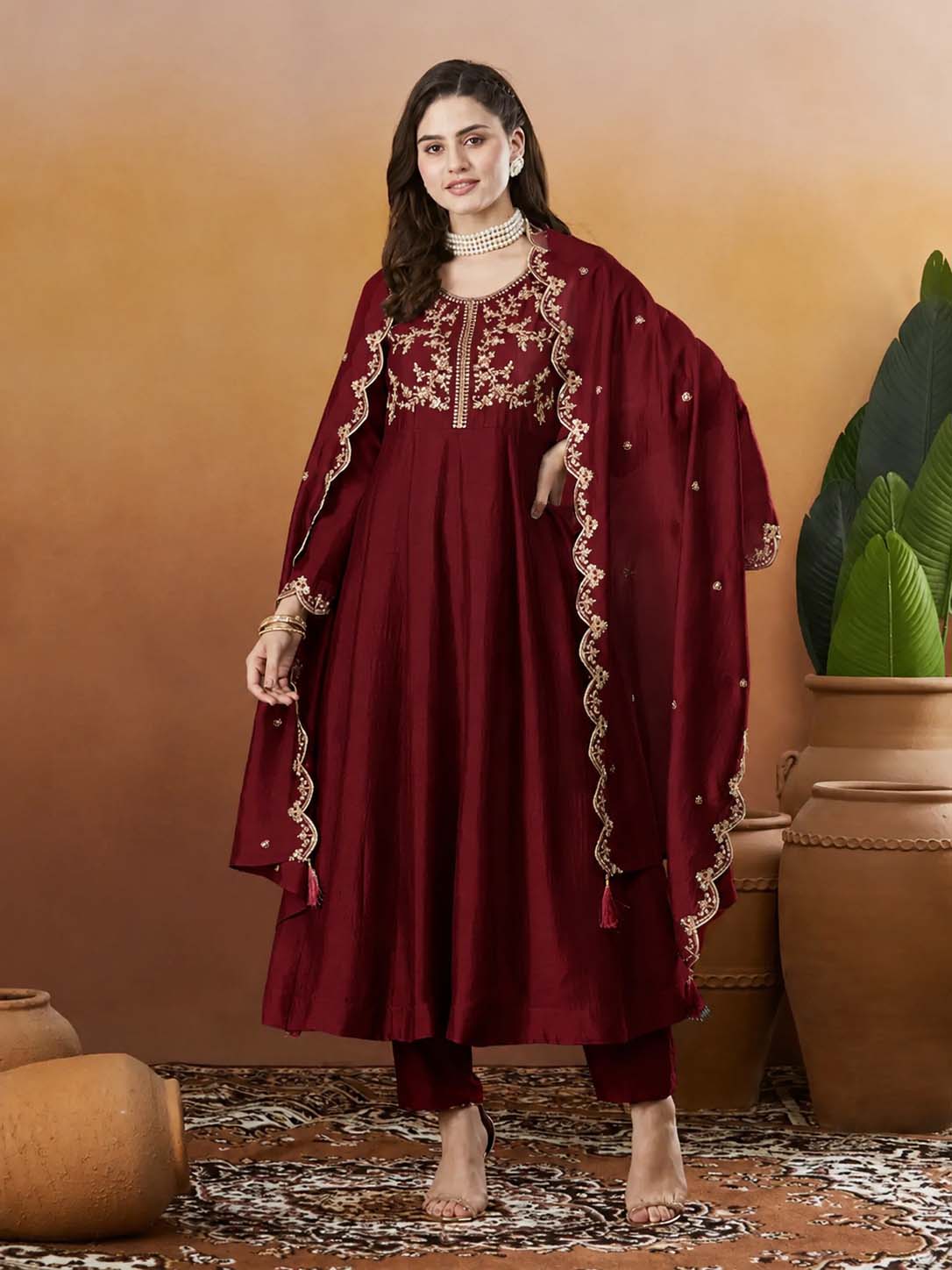 Silk Embroidered Anarkali Kurta, Pant & Dupatta Set