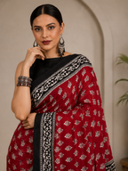 Block Printed Mulmul Saree with Leaf Motifs and Contrast Border