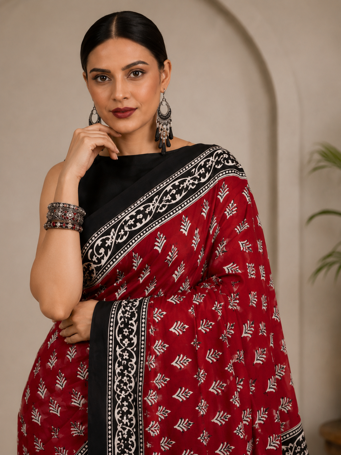 Block Printed Mulmul Saree with Leaf Motifs and Contrast Border