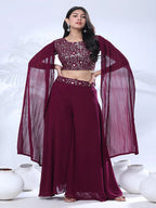 Georgette Floral Embroidered Sequined Crop Top with Palazzo