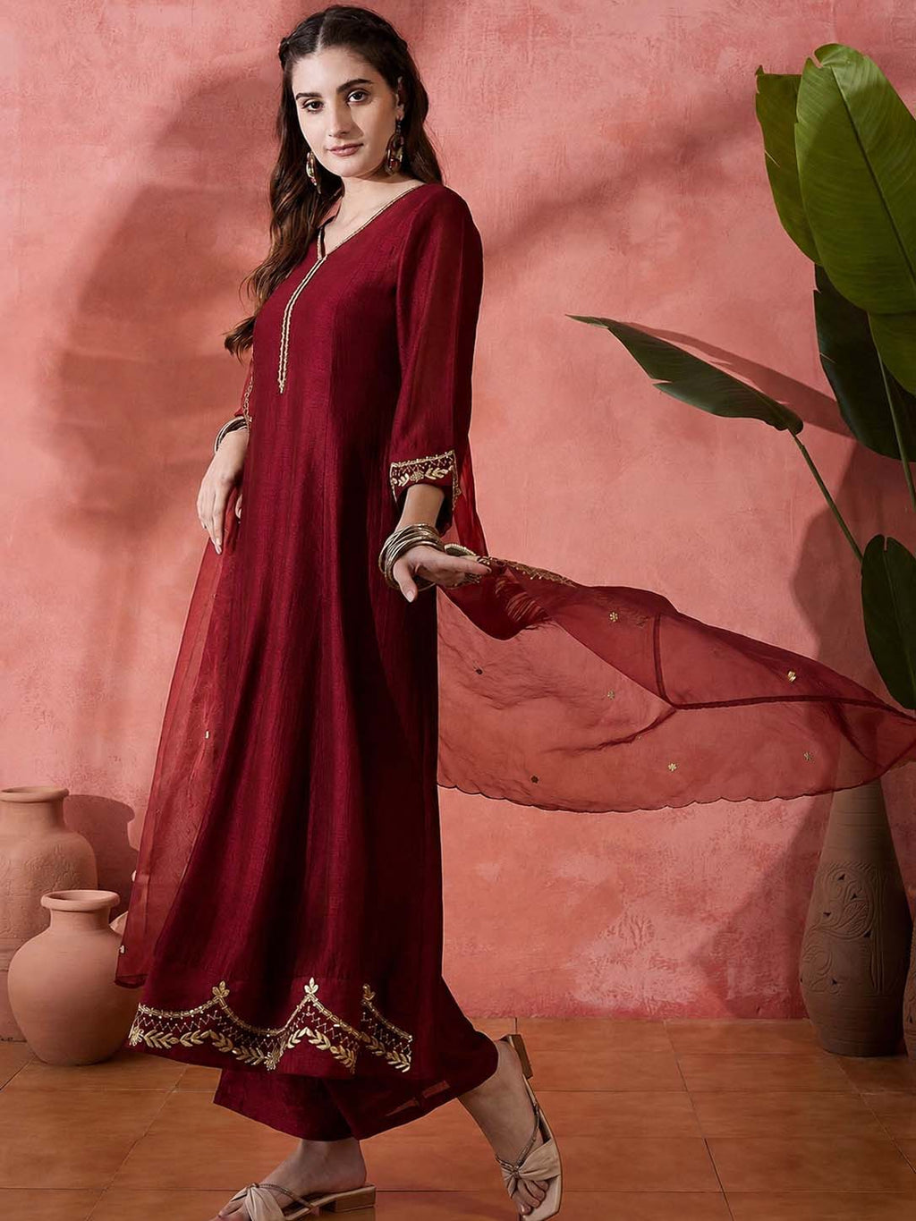 Elegant Zari Embroidered Silk Blend Anarkali Set