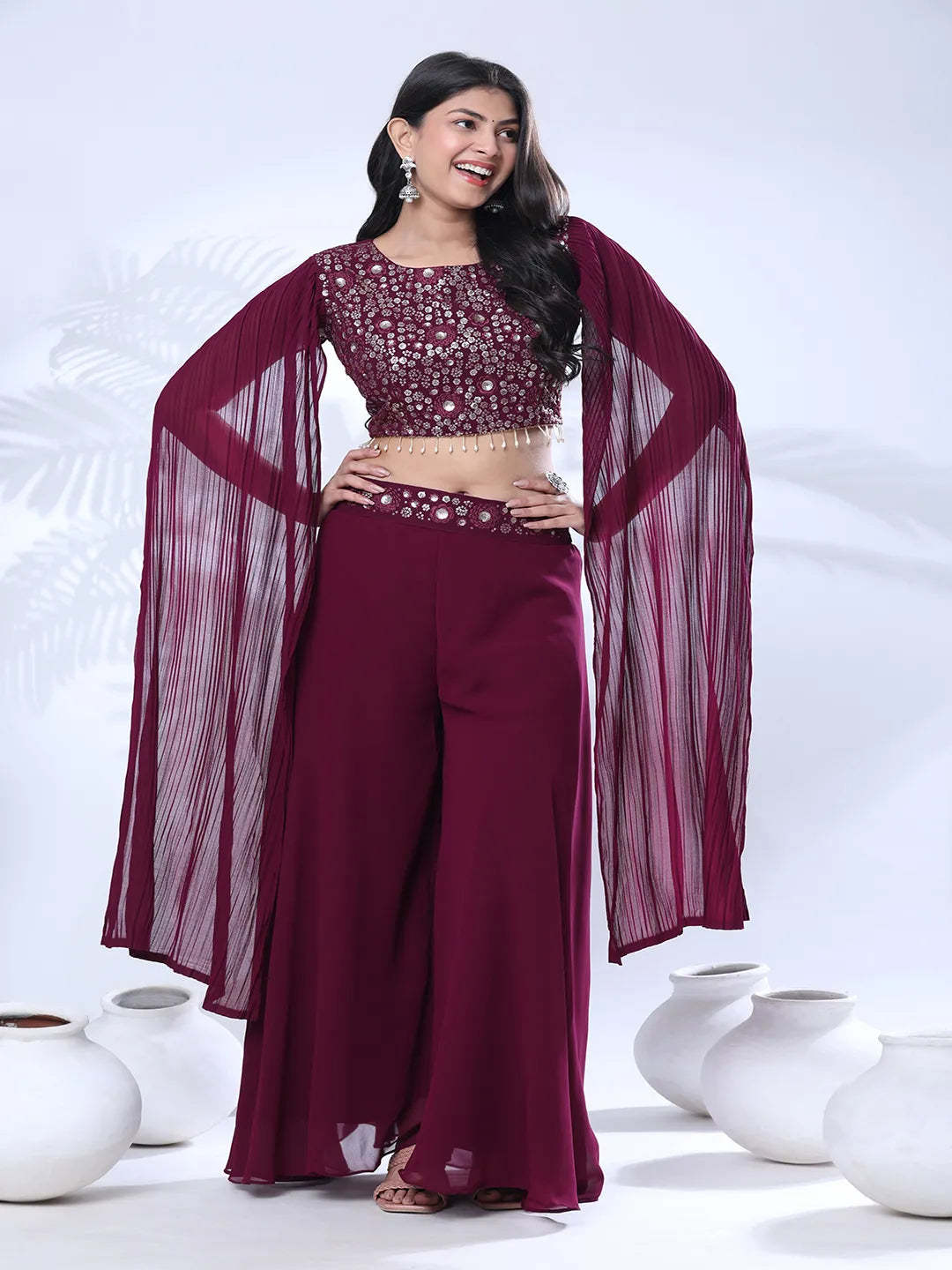Georgette Floral Embroidered Sequined Crop Top with Palazzo