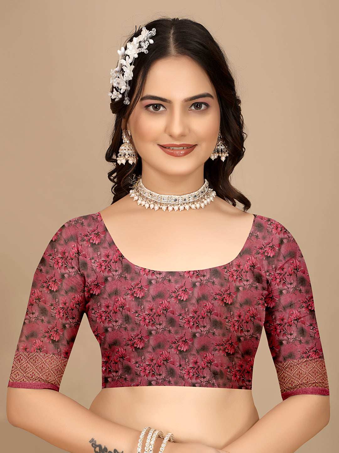 Moss Chiffon Digital Print With Jacquard Border Saree
