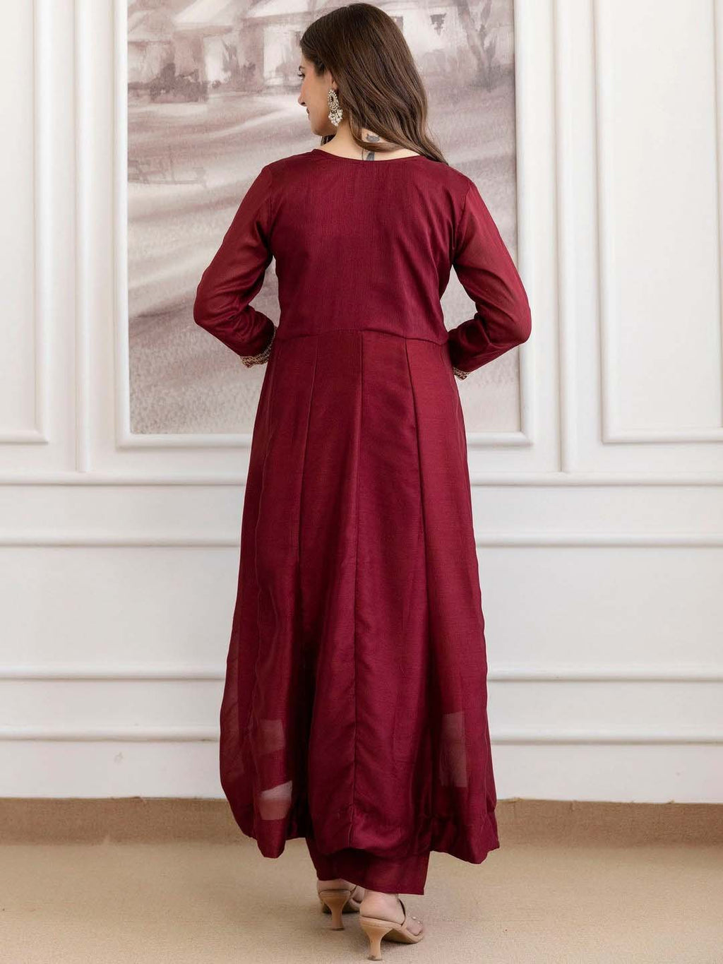 Embroidery Vichitra Silk Anarkali Kurta Pant Set With Dupatta