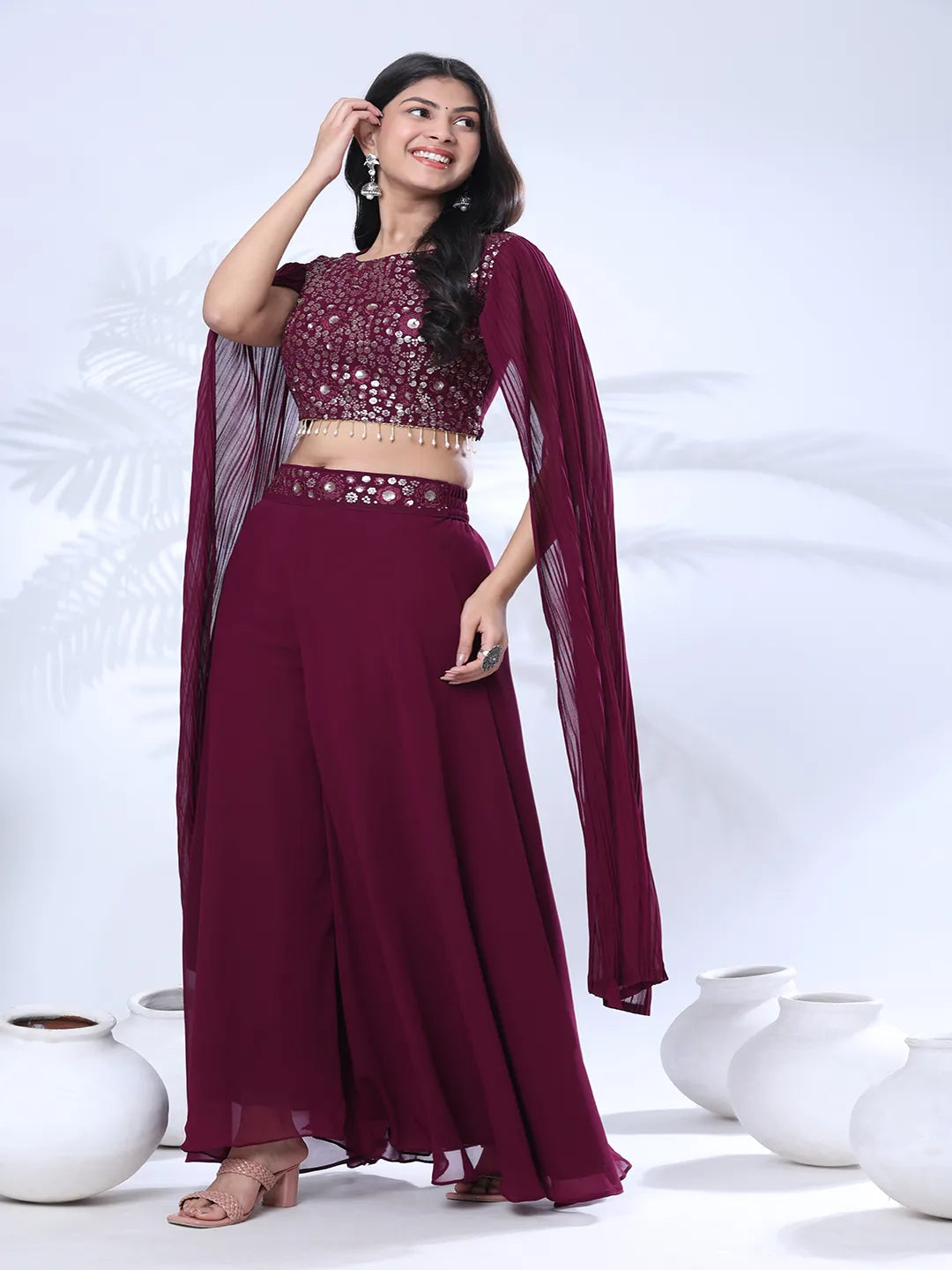 Georgette Floral Embroidered Sequined Crop Top with Palazzo