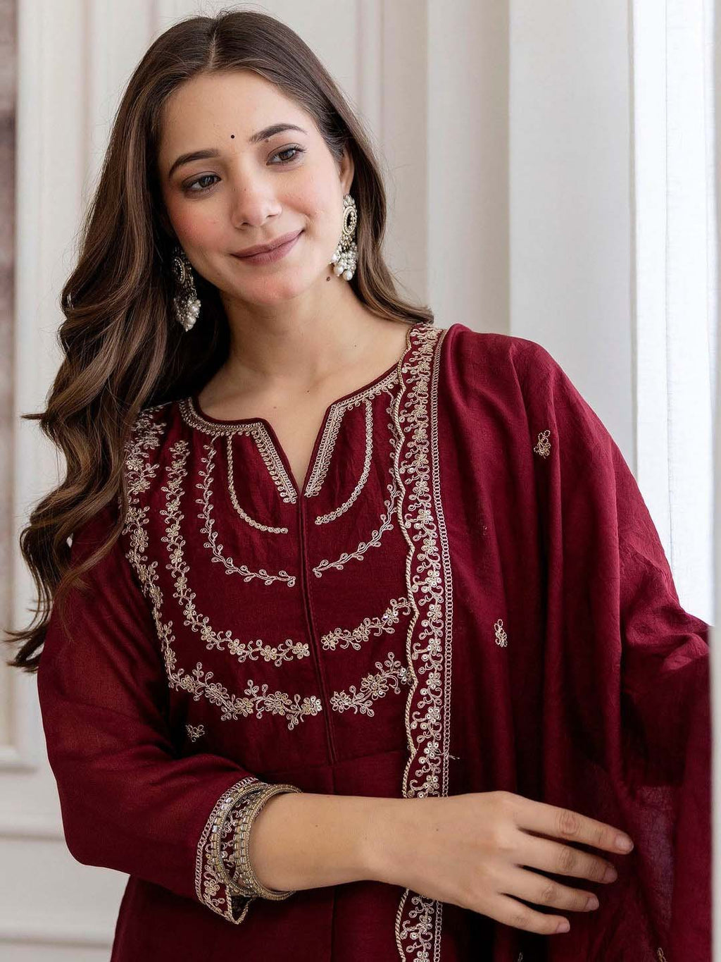 Embroidery Vichitra Silk Anarkali Kurta Pant Set With Dupatta