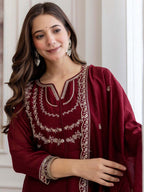 Embroidery Vichitra Silk Anarkali Kurta Pant Set With Dupatta
