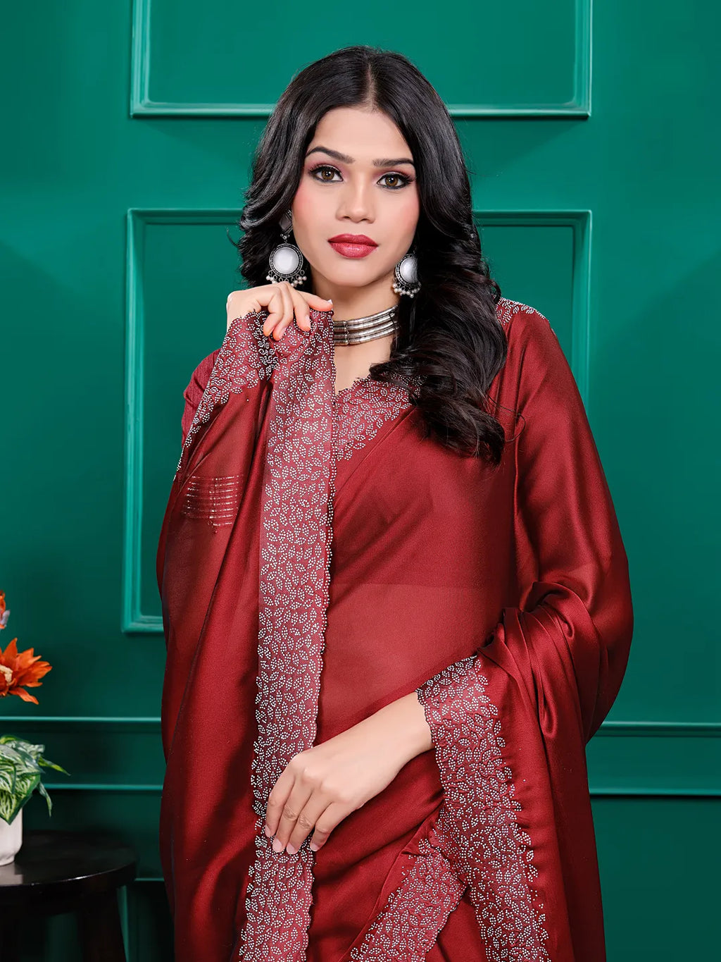 Silk  Siroski  Diamond Lace Work Saree
