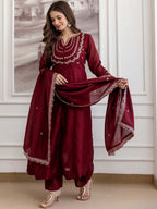 Embroidery Vichitra Silk Anarkali Kurta Pant Set With Dupatta