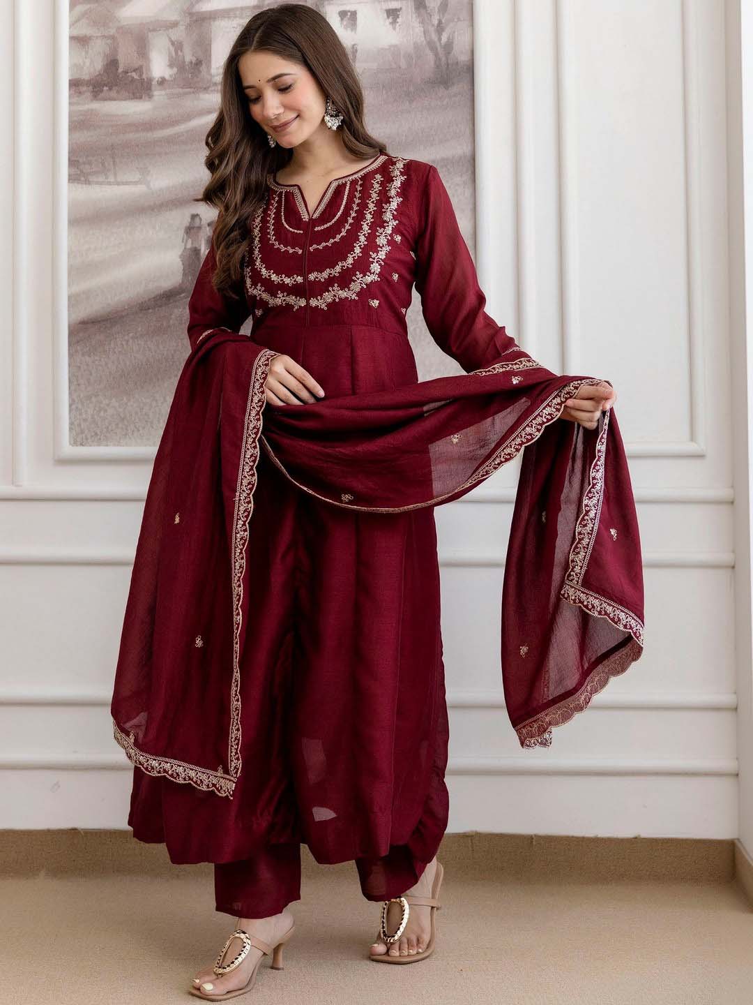 Embroidery Vichitra Silk Anarkali Kurta Pant Set With Dupatta