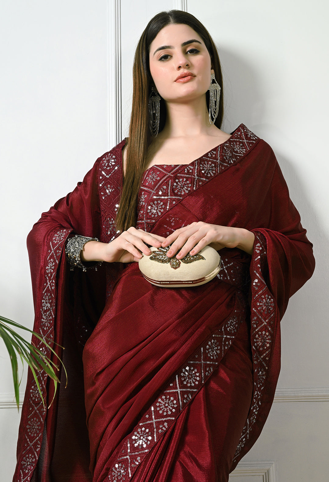 Chinon Solid Saree with Embroidered Lace Border