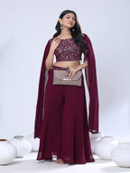 Georgette Floral Embroidered Sequined Crop Top with Palazzo