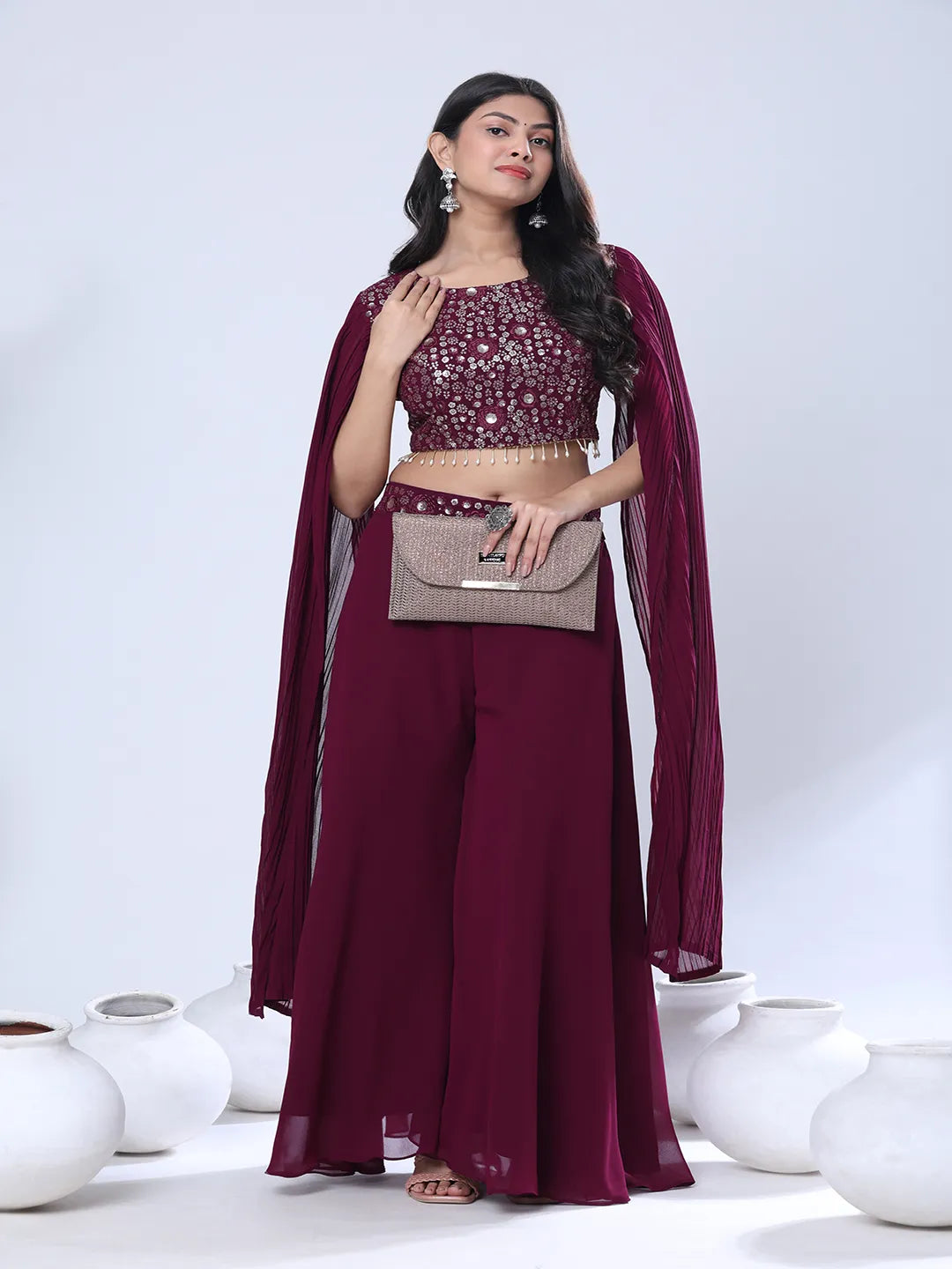 Georgette Floral Embroidered Sequined Crop Top with Palazzo
