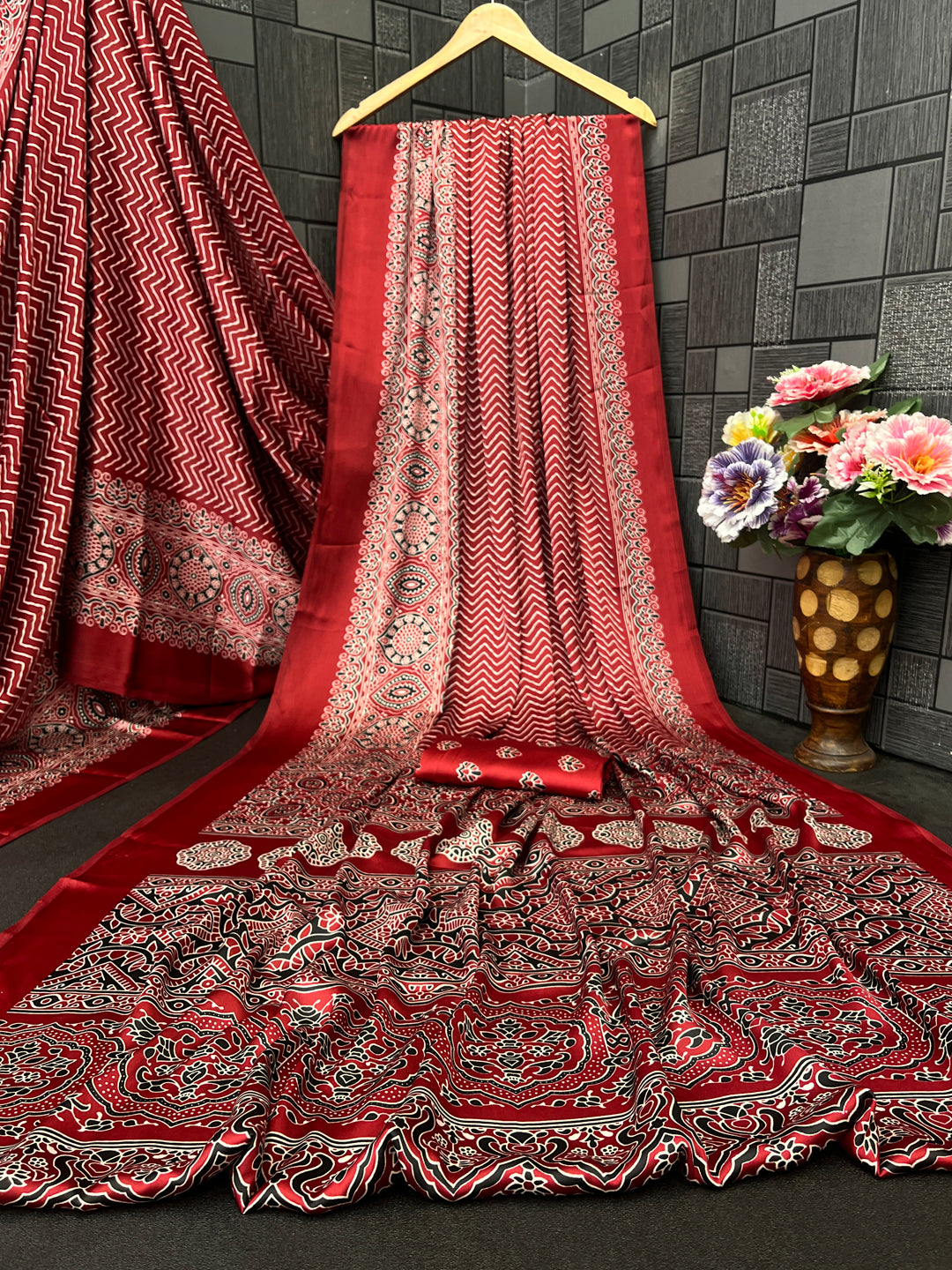 Satin Silk Ajrakh Printed Saree
