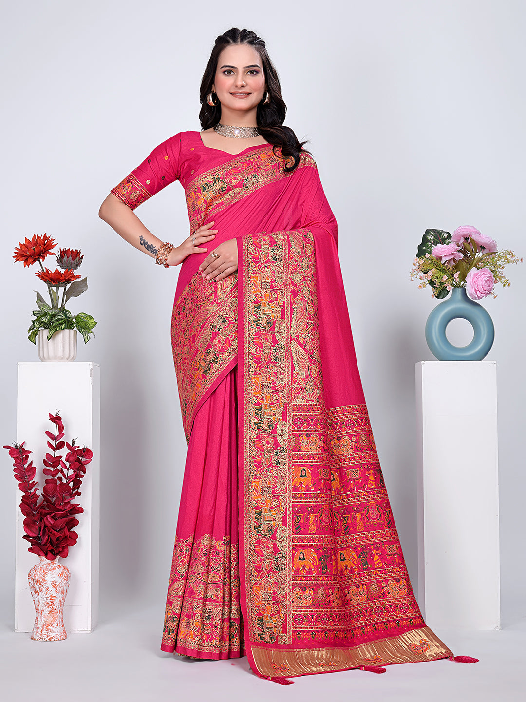 Floral Printed Woven Zari Pashmina Saree